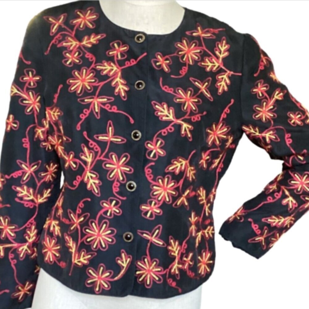 Maggy L Silk‎ Embroidered Flower Button-Up Lady Jacket Sz 10 Black #110L